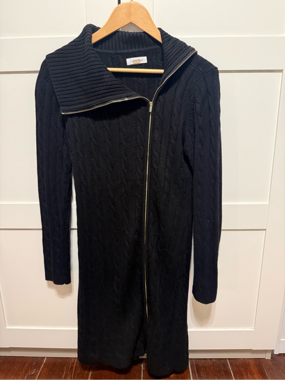 Calvin Klein Black Cable-Knit Full Zip Collared Sweater Dress 100% Acrylic M